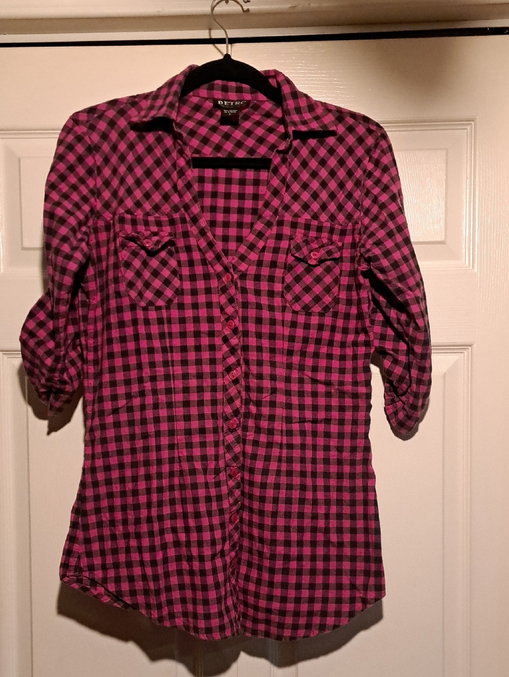 🪀Retro-Pink•Black Plaid Button-Up Ladies Shirt Simple Comfort, fashionable fit.
